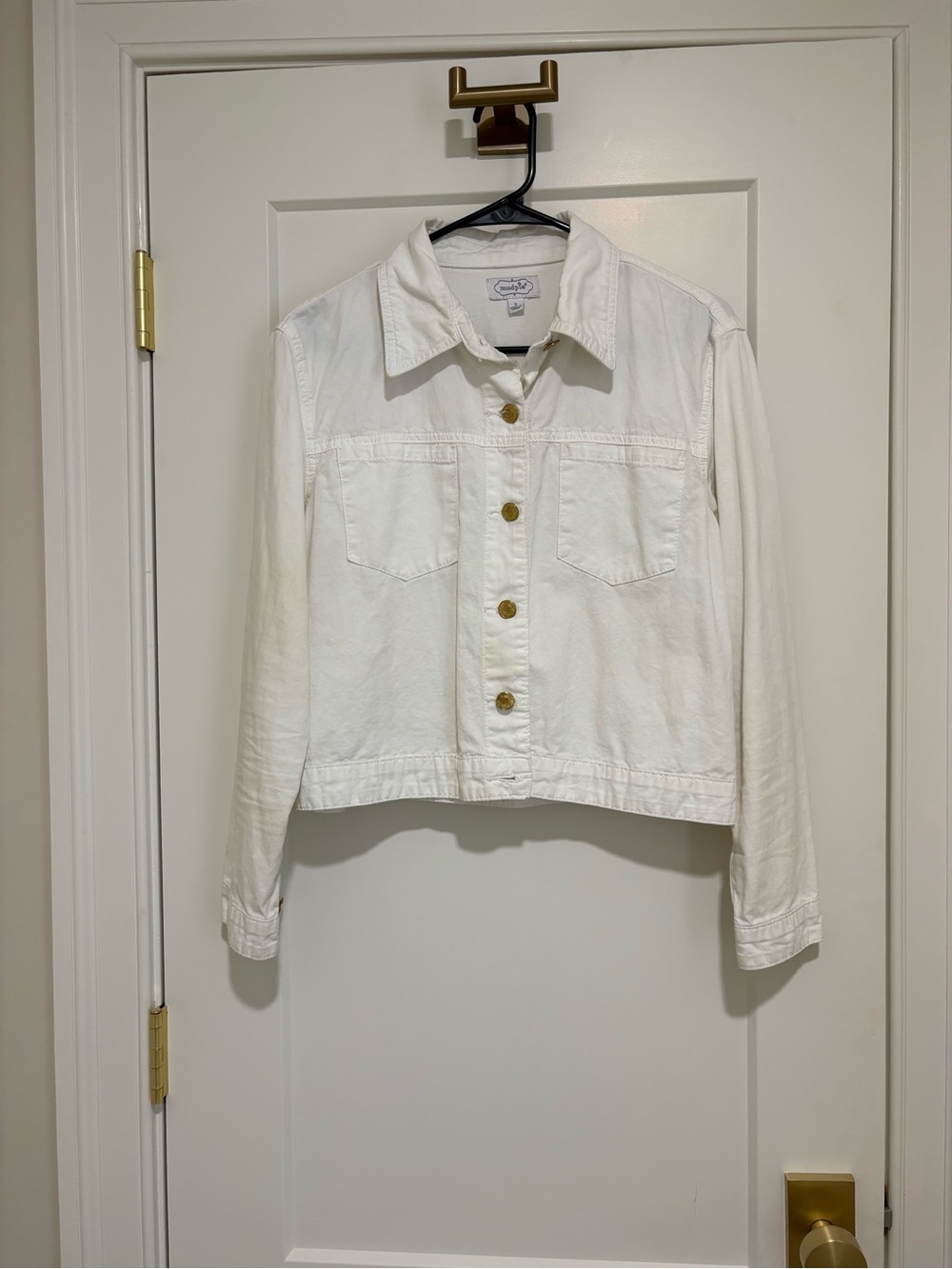 Mud Pie White Cropped Denim Jacket with Gold Buttons
